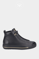 PAUL GREEN 5283 BLACK LEATHER HIGH TOP TRAINERS WITH ELASTICATED LACES. GOLD DETAIL TO SIDE AND TOUNGE.