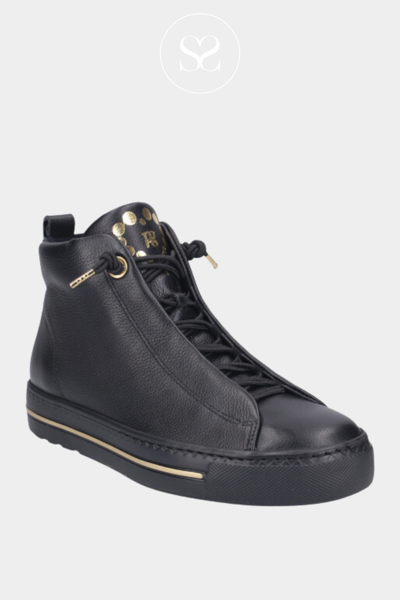 PAUL GREEN 5283 BLACK LEATHER HIGH TOP TRAINERS WITH ELASTICATED LACES. GOLD DETAIL TO SIDE AND TOUNGE.