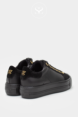 PAUL GREEN 5286 BLACK FLATFORM TRAINER WITH BLACK LACES AND GOLD EYELETS