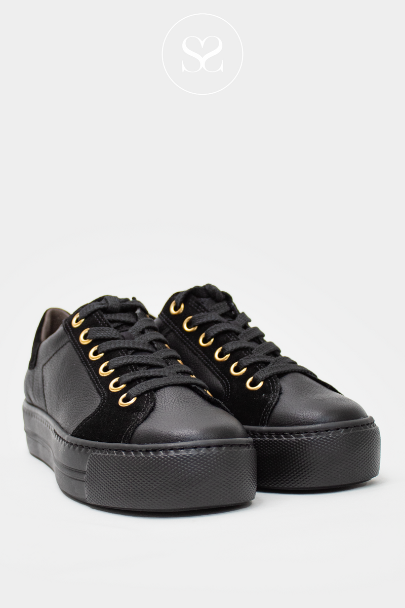 PAUL GREEN 5286 BLACK FLATFORM TRAINER WITH BLACK LACES AND GOLD EYELETS