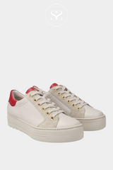 PAUL GREEN 5286 TAUPE AND RED TRAINER WITH SUEDE AND LEATHER. LACE UP STYLE WITH CHUNKY SOLE
