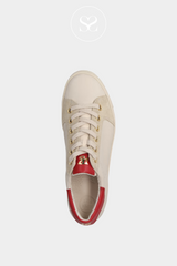 PAUL GREEN 5286 TAUPE AND RED TRAINER WITH SUEDE AND LEATHER. LACE UP STYLE WITH CHUNKY SOLE