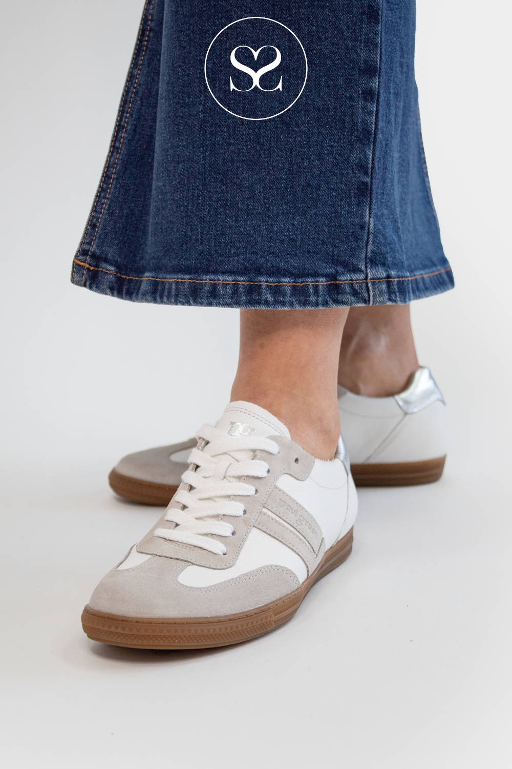 PAUL GREEN 5450 CREAM/GREY LEATHER SPORTY LOW PROFILE TRAINERS