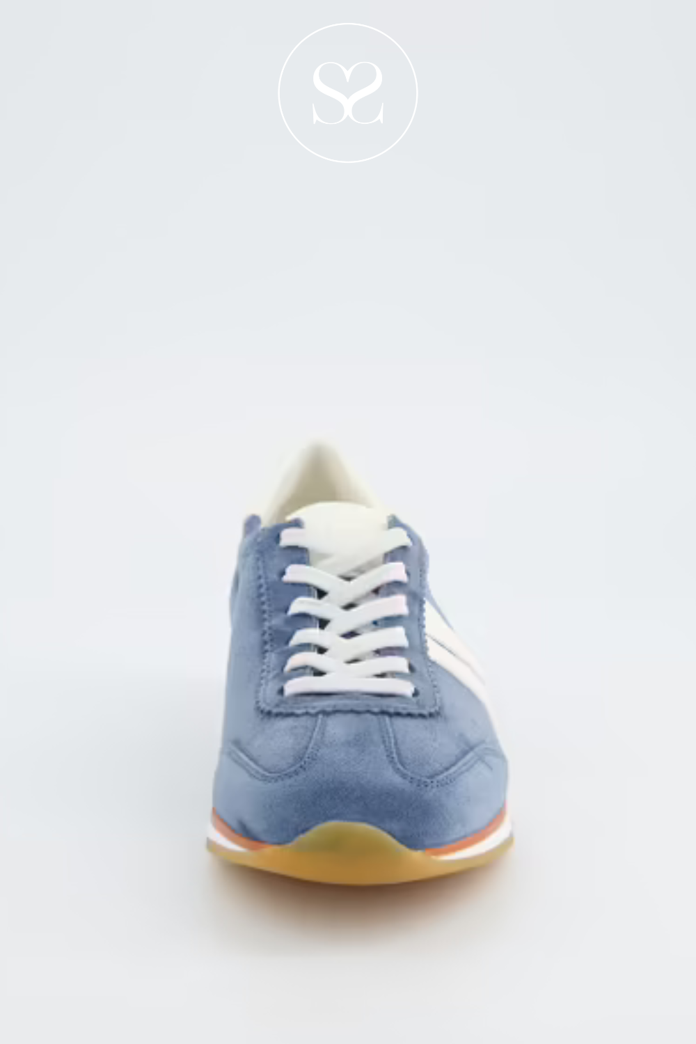 PAUL GREEN 5453 BLUE SUEDE LOW PROFILE RETRO TRAINERS WITH WHITE LACES FOR SECURE FIT. COMFORTABLE WALKING SHOES.