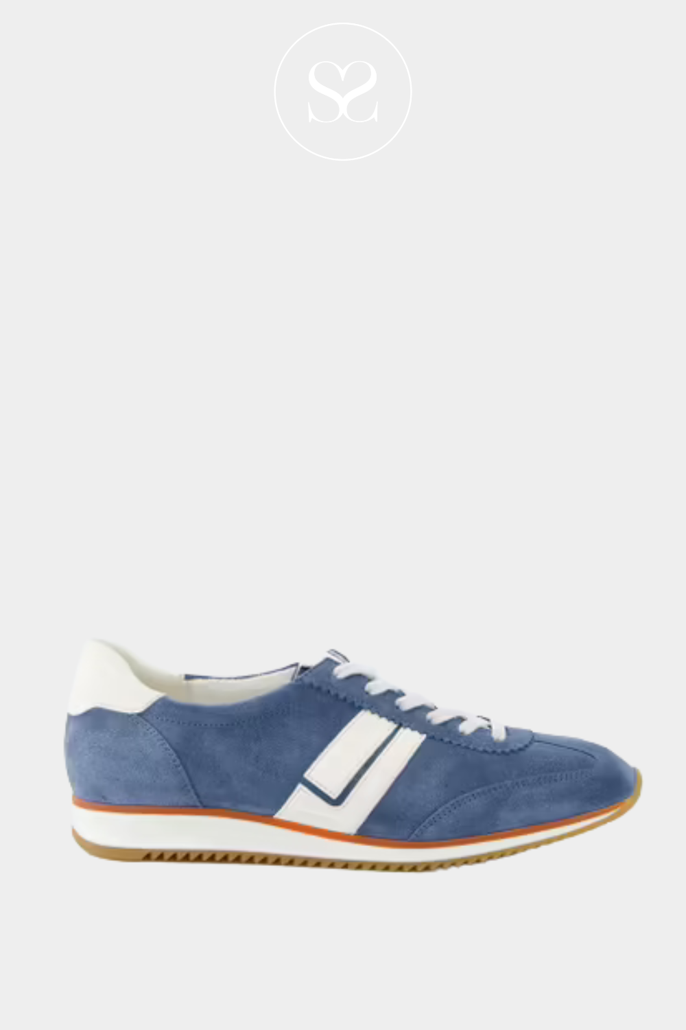 PAUL GREEN 5453 BLUE SUEDE LOW PROFILE RETRO TRAINERS WITH WHITE LACES FOR SECURE FIT. COMFORTABLE WALKING SHOES.