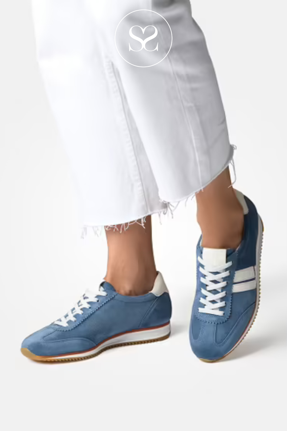 PAUL GREEN 5453 BLUE SUEDE LOW PROFILE RETRO TRAINERS WITH WHITE LACES FOR SECURE FIT. COMFORTABLE WALKING SHOES.