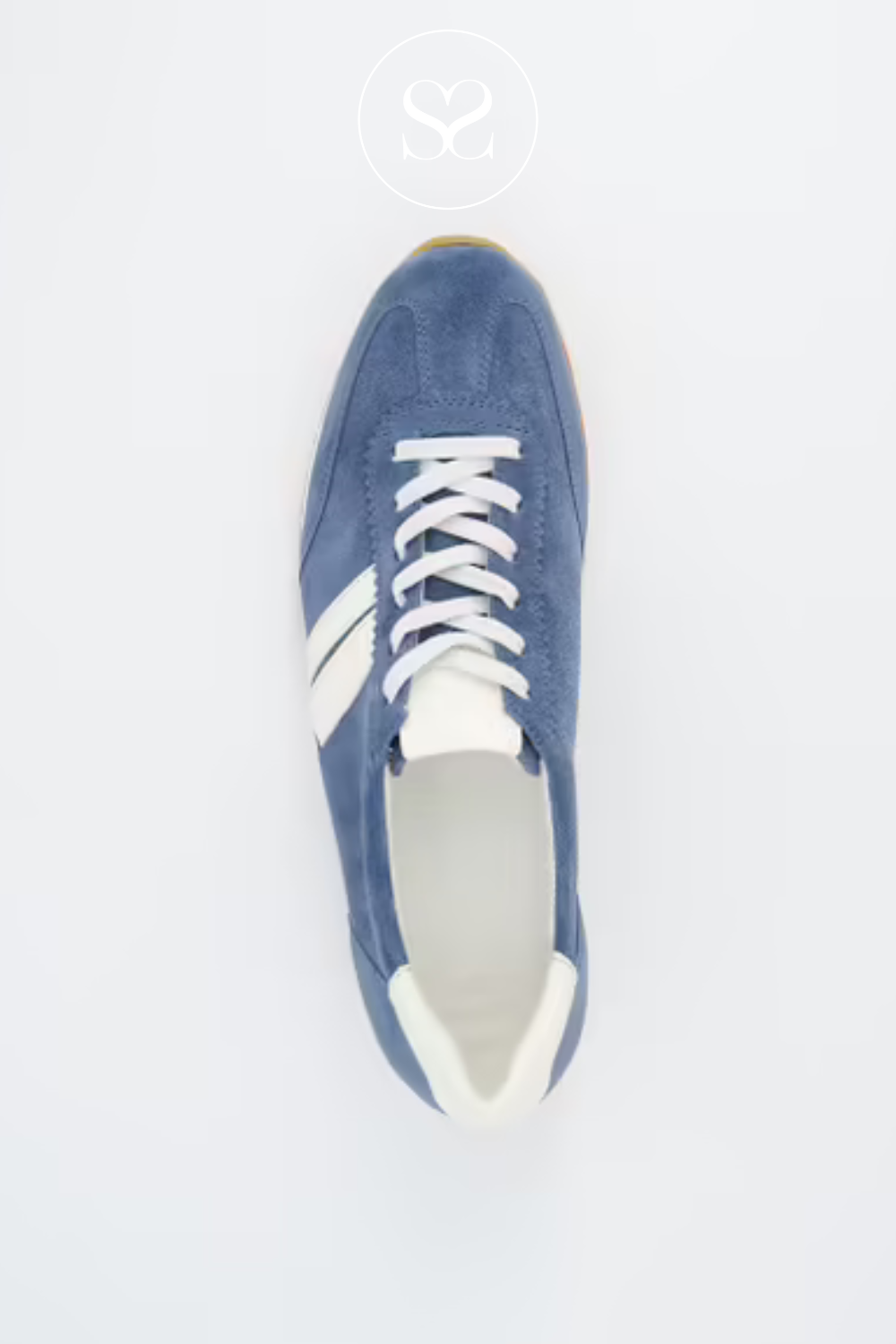 PAUL GREEN 5453 BLUE SUEDE LOW PROFILE RETRO TRAINERS WITH WHITE LACES FOR SECURE FIT. COMFORTABLE WALKING SHOES.