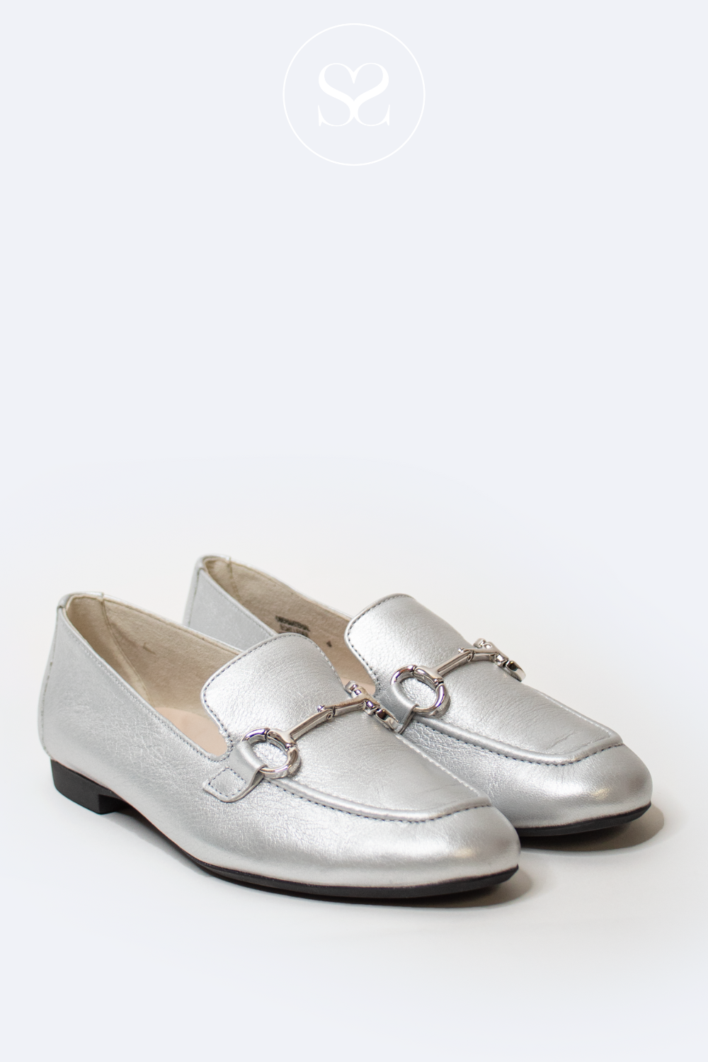 PAUL GREEN 2596 SILVER FLAT LEATHER SLIP ON LOAFER WITH SILVER BUCKLE