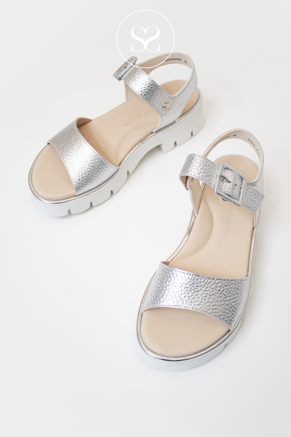 PAUL GREEN SILVER WALKING FLATFORM SOFT LEATHER SANDALS WITH ANKLE STRAP AND ADJUSTABLE STRAP