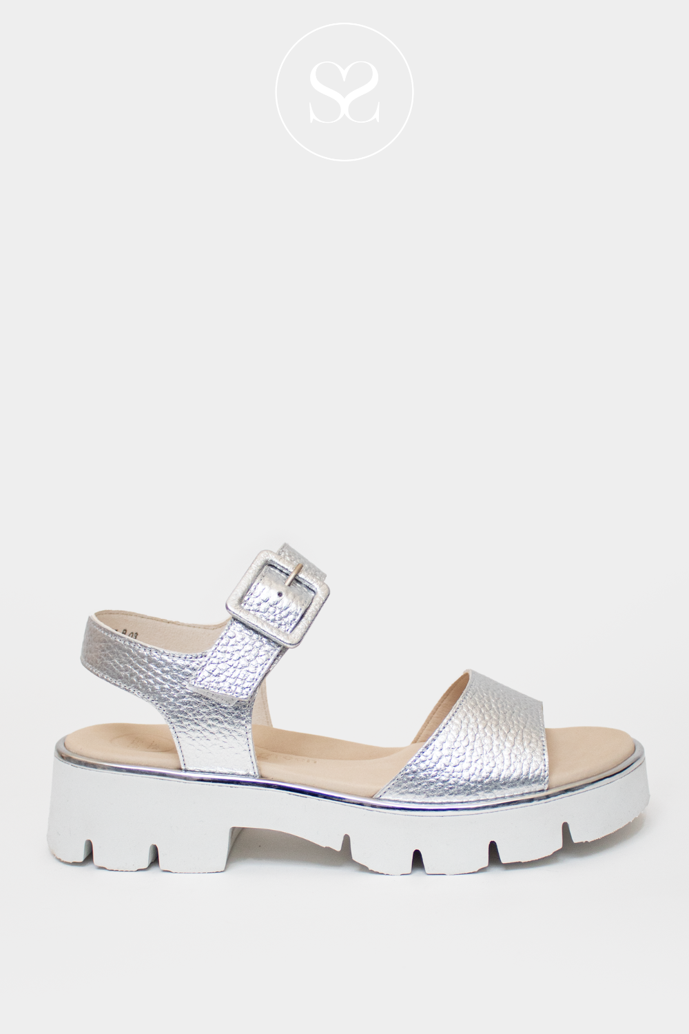 PAUL GREEN SILVER WALKING FLATFORM SOFT LEATHER SANDALS WITH ANKLE STRAP AND ADJUSTABLE STRAP