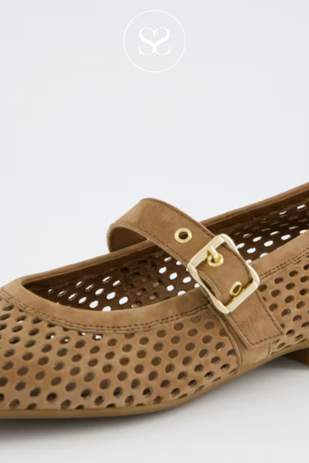 Paul Green loafer style pumps. Flat camel shoe. Adjustable ankle strap. Round toe. Leather footbed.  Comfortable everyday shoe