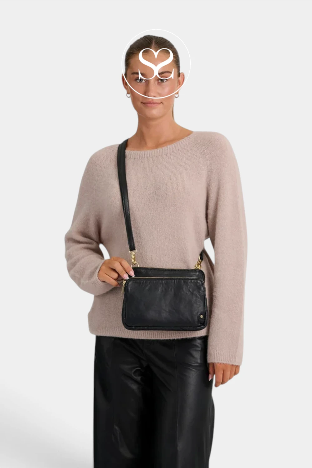 Depeche Black Leather with Gold Hardware Crossbody Bag — 17286