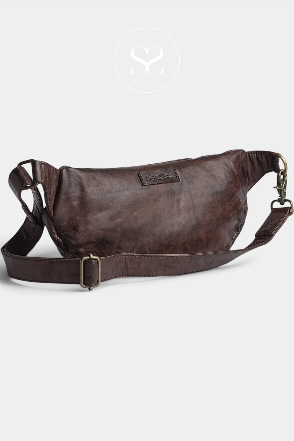 A dark brown distressed leather fanny pack with an adjustable shoulder strap and metal hardware, displayed on a light gray background with a circular 'SC' logo watermark above.