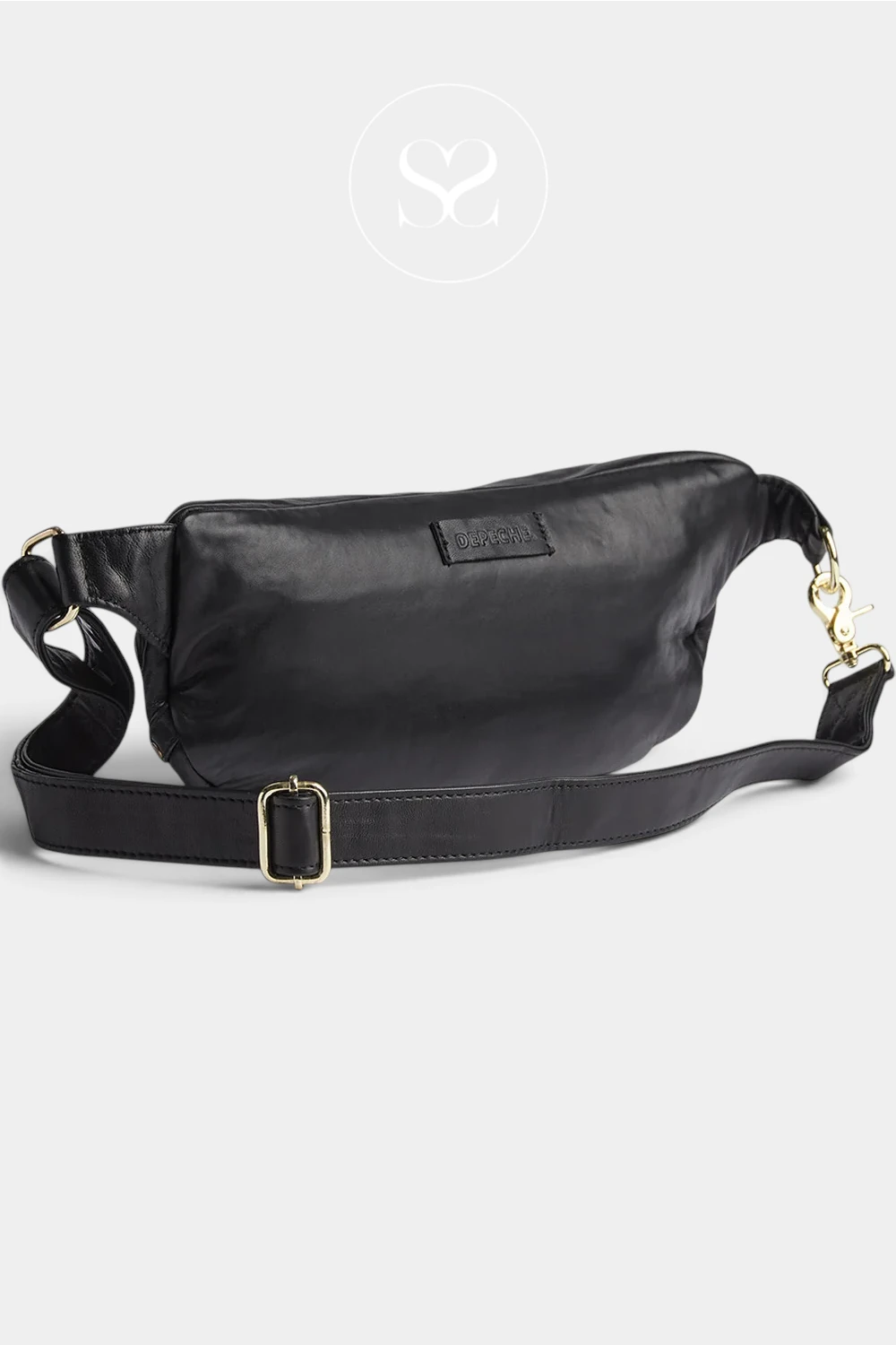 A black leather fanny pack with a wide adjustable black strap and gold-tone hardware, displayed on a light gray background with a circular 'SC' logo watermark above.