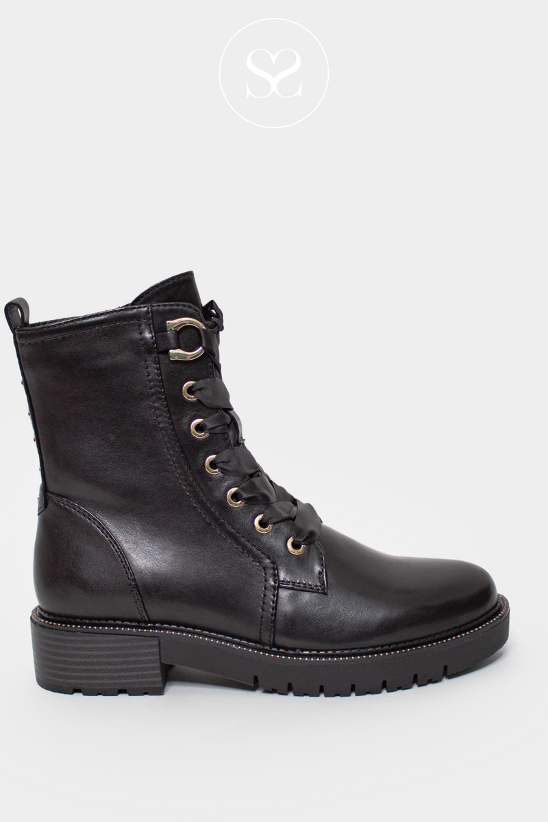 REGARDE LE CIEL JOSEF BLACK LEATHER BIKER BOOT WITH RIBBON LACE AND GOLD HARDWARE
