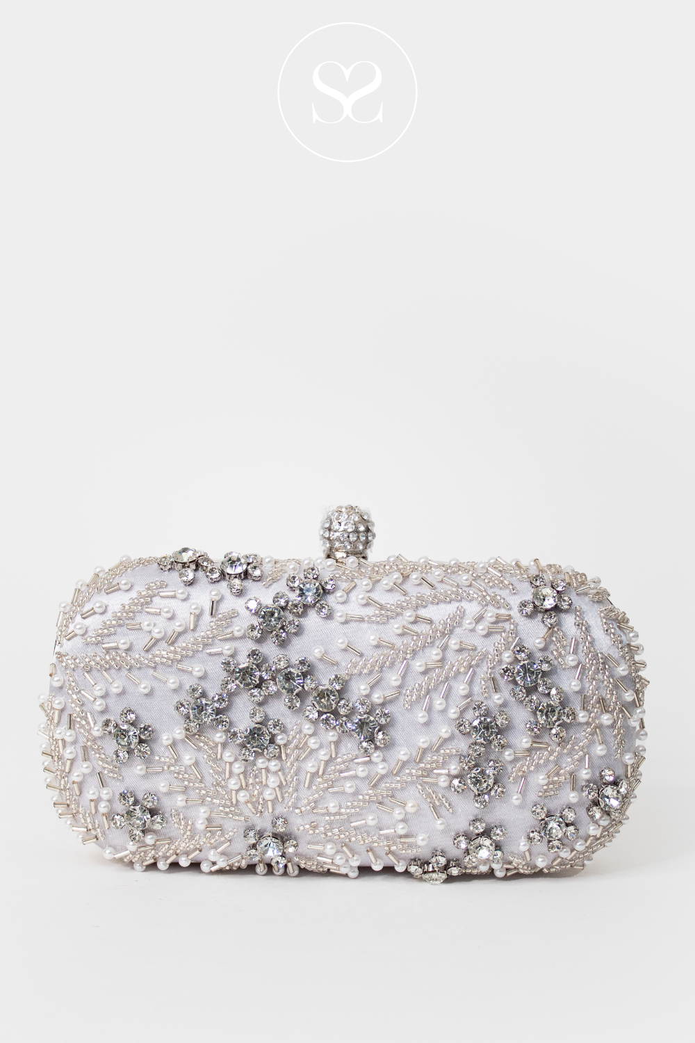 SHENEIL 006 IVORY GREY PEARL AND SILVER DIAMANTE CLUTCH BAG