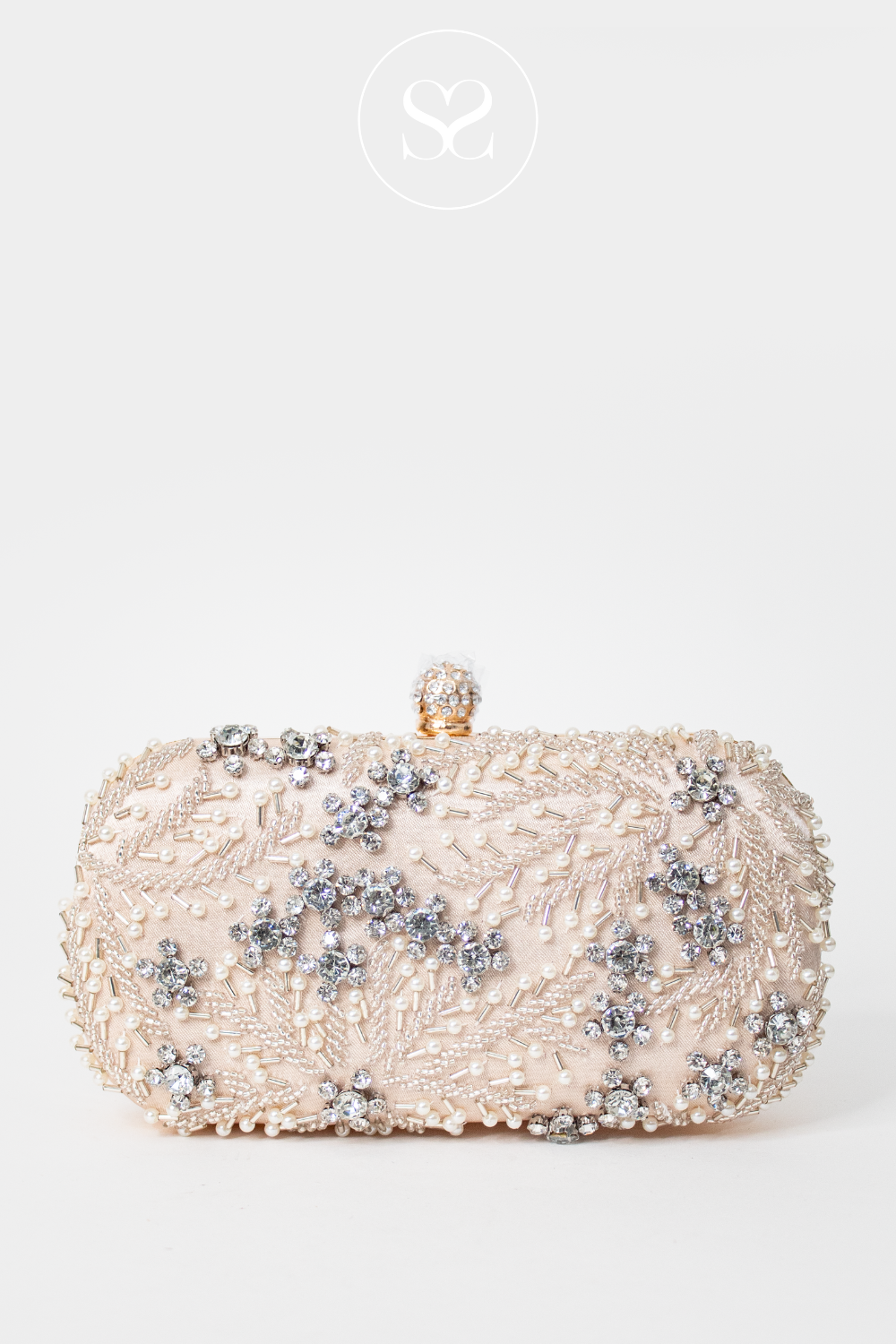 SHENEIL 006 NUDE BOX CLUTCH IN NUDE WITH SILVER AND PEARL EMBELLISHMENT
