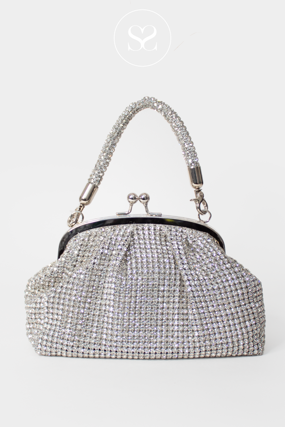 SHENEIL 0634 SILVER DIAMANTE GLITZY PARTYWEAR OCCASSION CLUTCH BAG WITH SNAP CLASP AND SMALL HANDLE