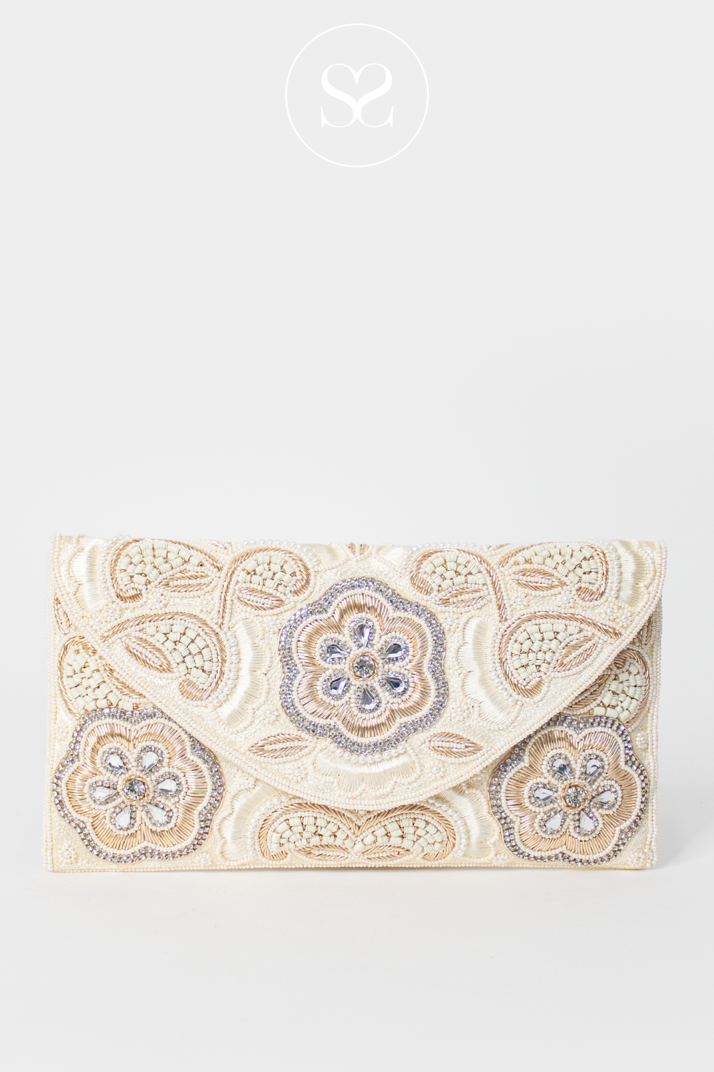 SHENEIL BEADED EMBELLISHED CREAM AND GOLD ENVELOPE OCCASSION CLUTCH BAG