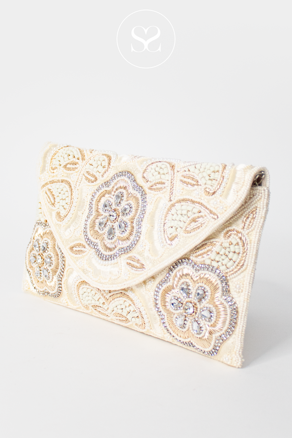 SHENEIL BEADED EMBELLISHED CREAM AND GOLD ENVELOPE OCCASSION CLUTCH BAG