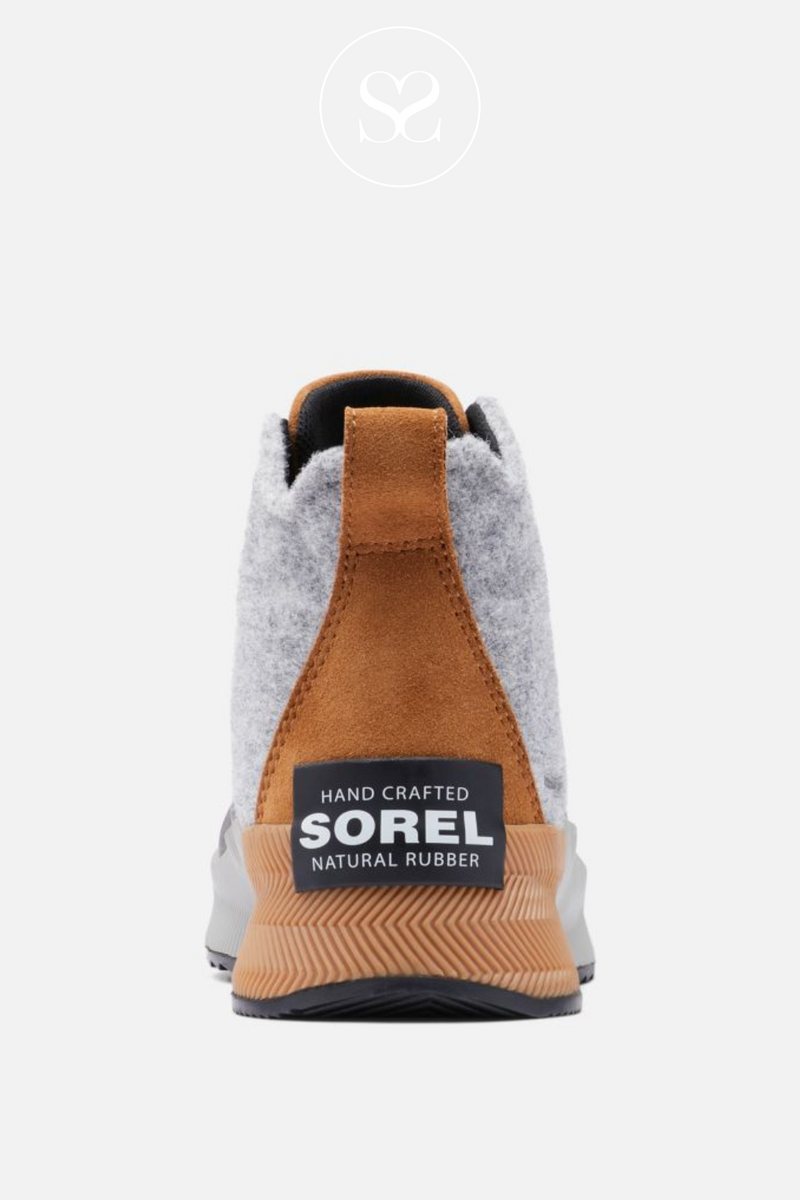 SOREL OUT&ABOUT GREY WATERPROOF BOOTS WITH TAN HEEL AND BLACK TOE