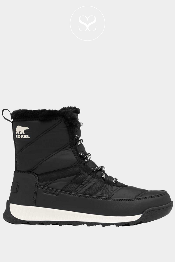 WATERPROOF BOOTS FROM SOREL. THIS BLACK SPORTY STYLE IS INSULATED. HAS A WHITE RUBBER SOLE, BLACK TEXTURED SIDE PANELS AND LACES UP THE FRONT