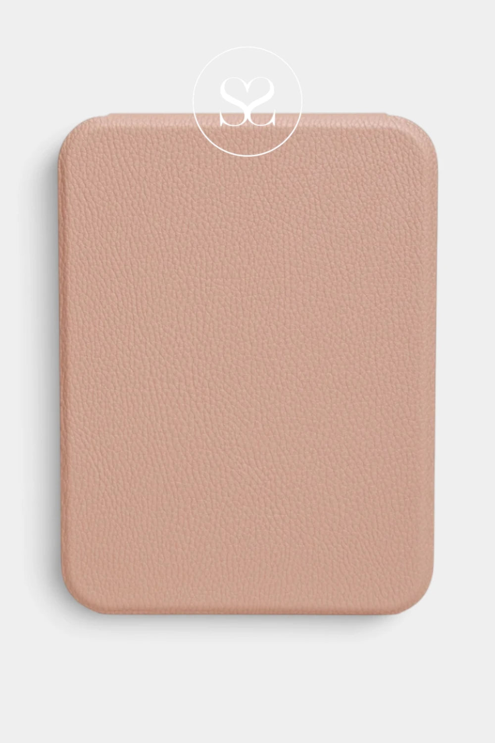 A rectangular, light pink textured leather or faux-leather case with rounded corners, shown against a light gray background with a white circular logo overlay at the top.