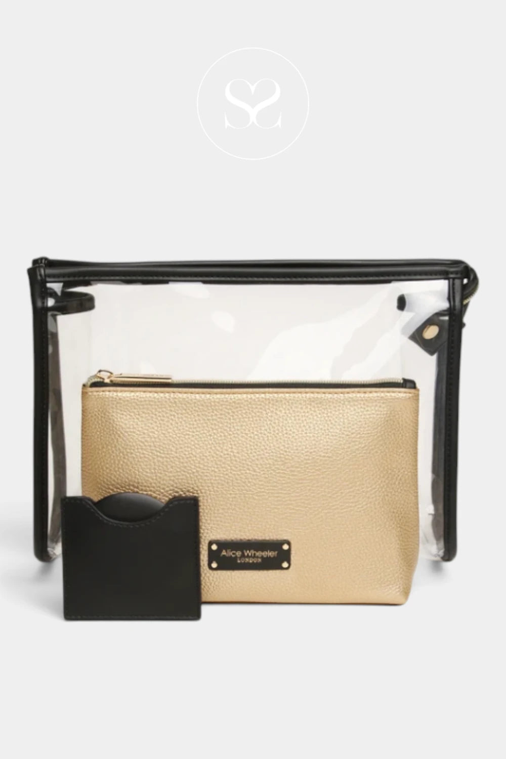 A clear zippered travel pouch with black trim, containing a gold textured pouch and a small black card holder, on a light gray background.