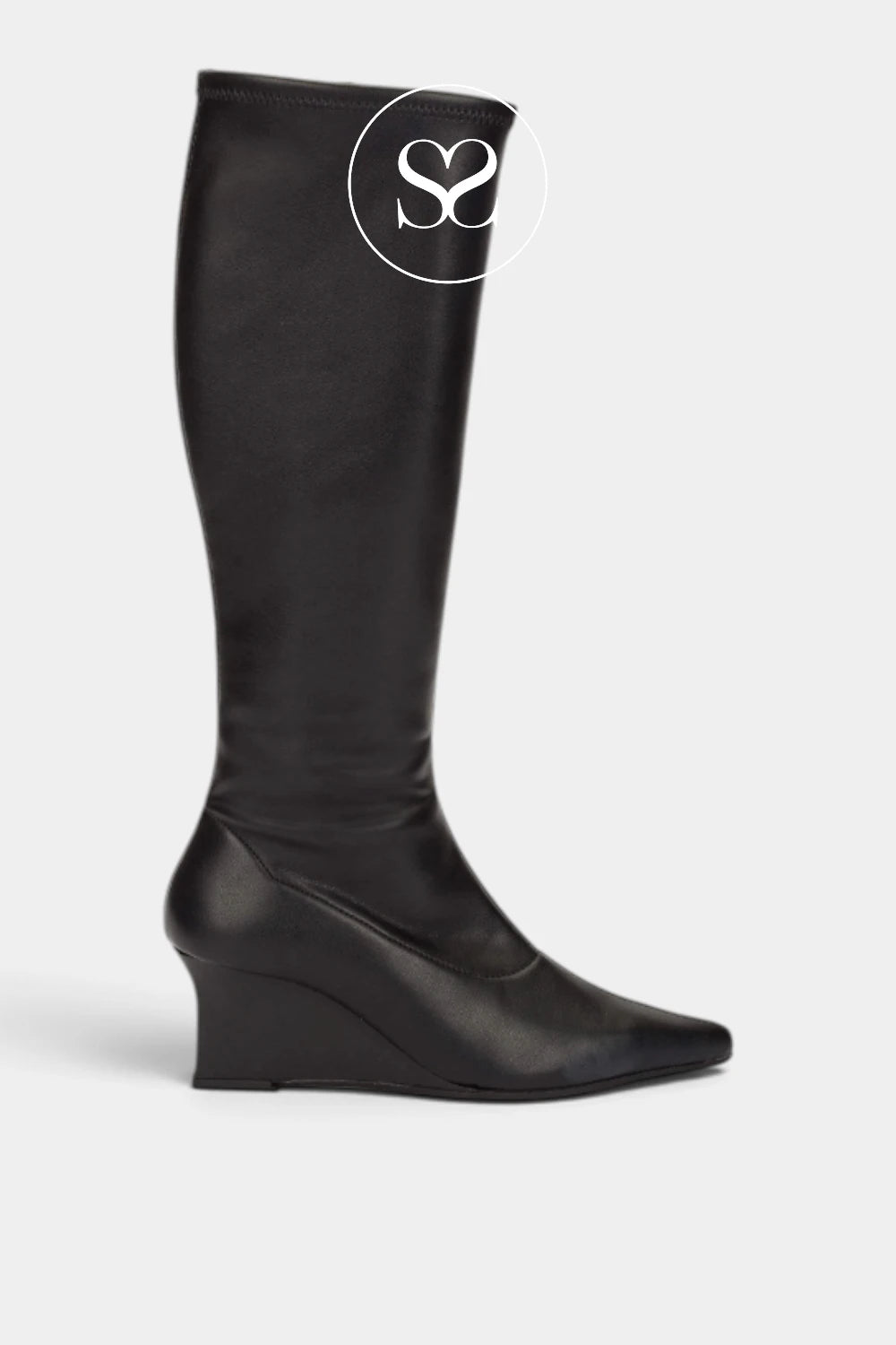 Wonders black knee high sock boot H-7304, side view showing the pointed toe, slim 5.5cm wedge heel and stitching along the shaft