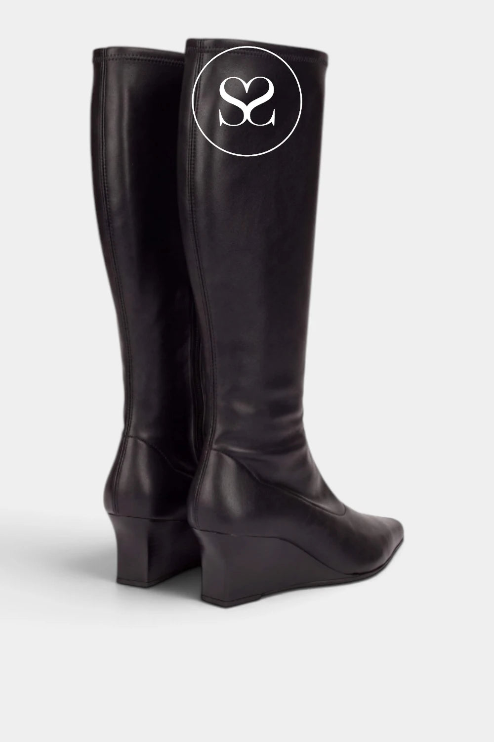 Pair of Wonders black knee high wedge boots H-7304, rear three-quarter view showing the back and side of the stretch sock boots