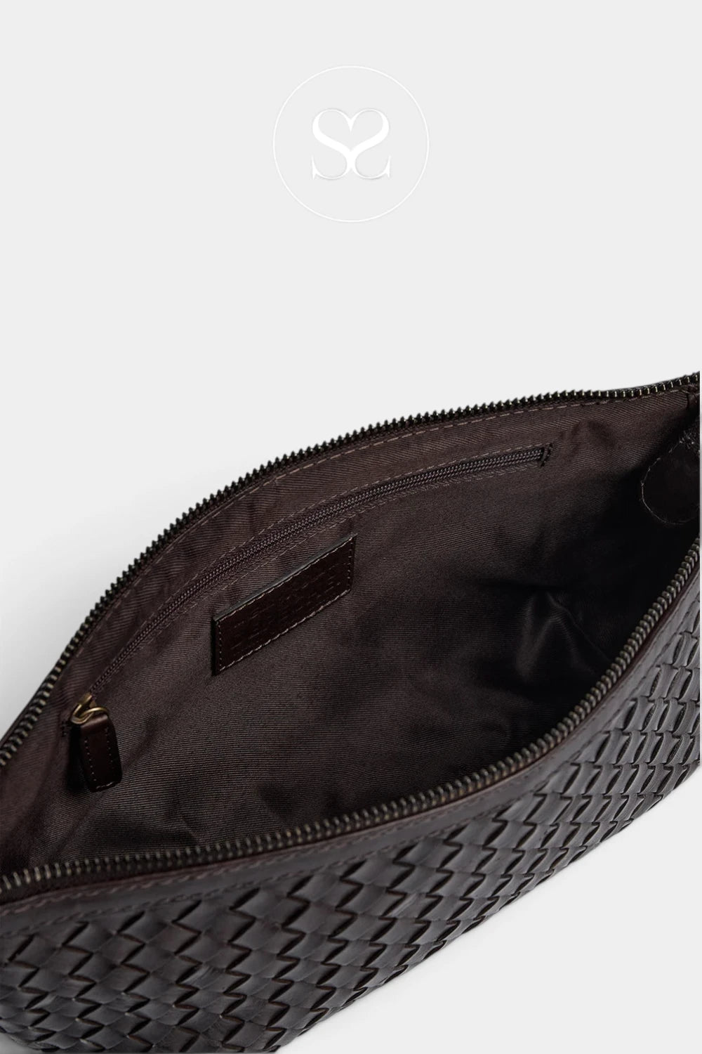 Close-up of an open woven leather pouch or clutch showing the dark brown interior lining and zipper, on a light gray background.