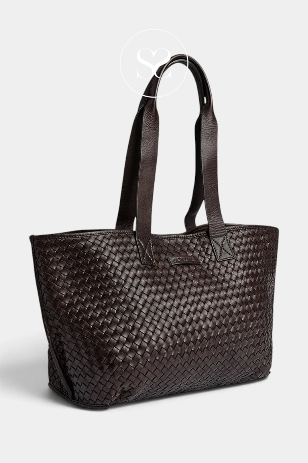 A dark brown woven leather tote bag with double shoulder straps, shown from a three-quarter angle against a light gray background.
