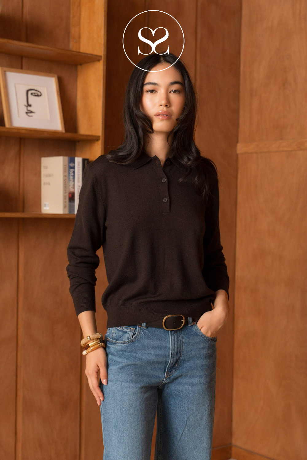 Brown Merino Wool Long Sleeve Polo - ME202616L