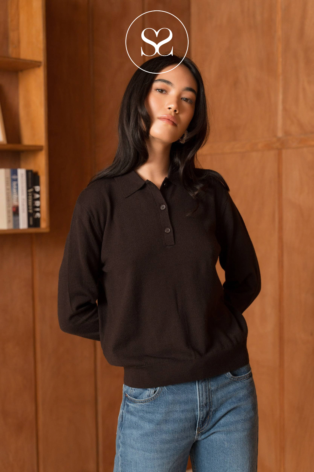 Brown Merino Wool Long Sleeve Polo - ME202616L