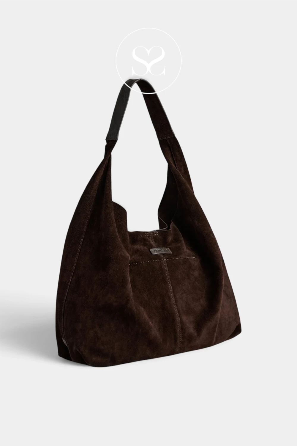 A dark brown suede hobo shoulder bag with a single shoulder strap, shown on a light gray background with a faint brand watermark above it.