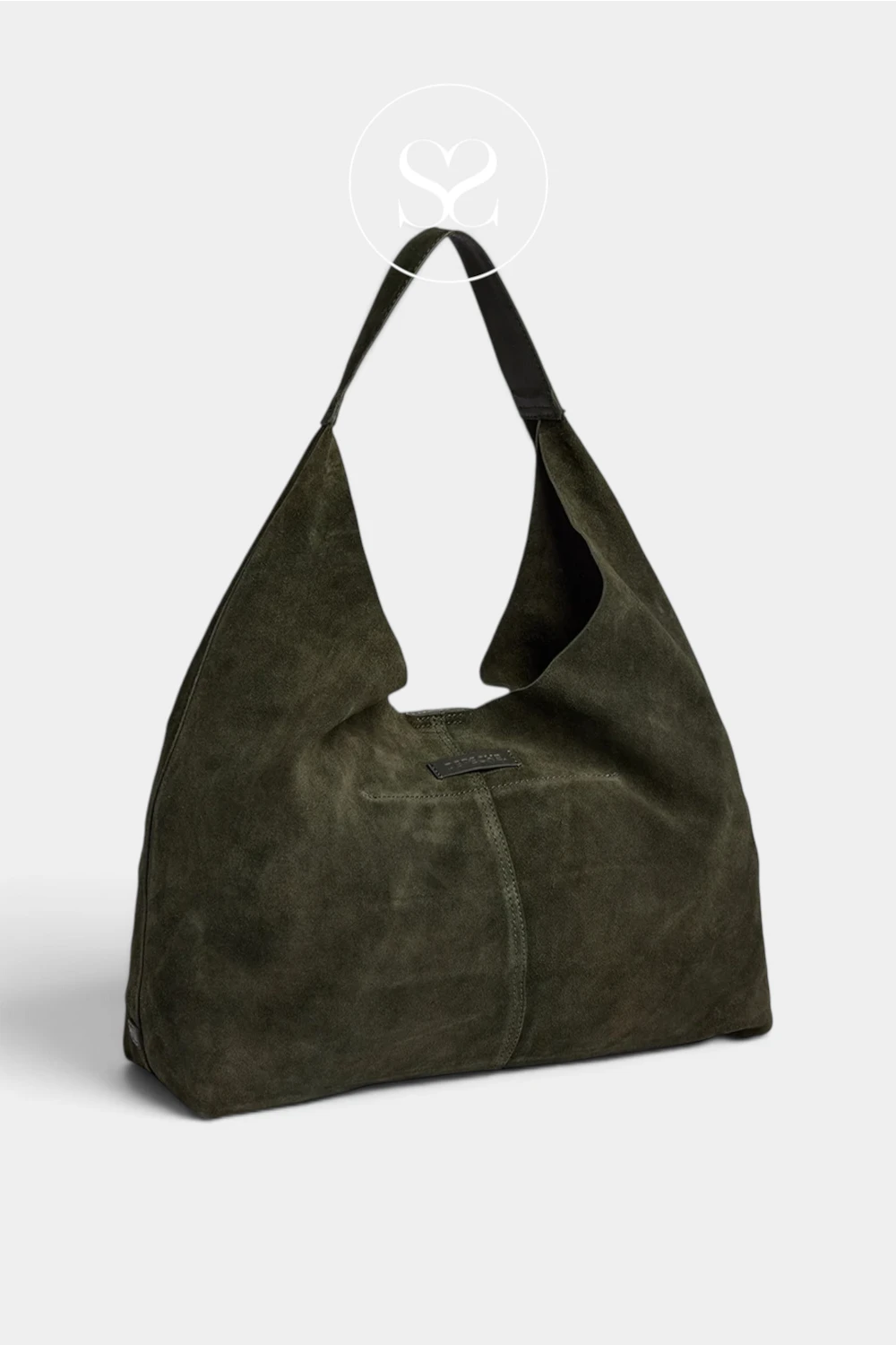 An olive green suede hobo shoulder bag with a single strap, displayed on a clean light gray background.