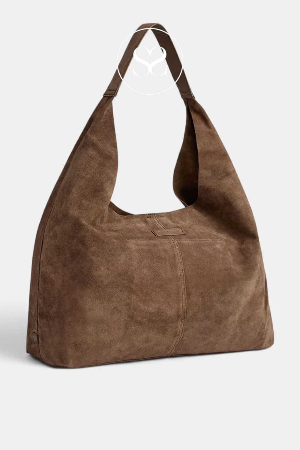 A brown suede hobo shoulder bag with a slouchy silhouette and a single strap, shown on a light gray background. Depeche Taupe Suede Shopper Bag - 16644