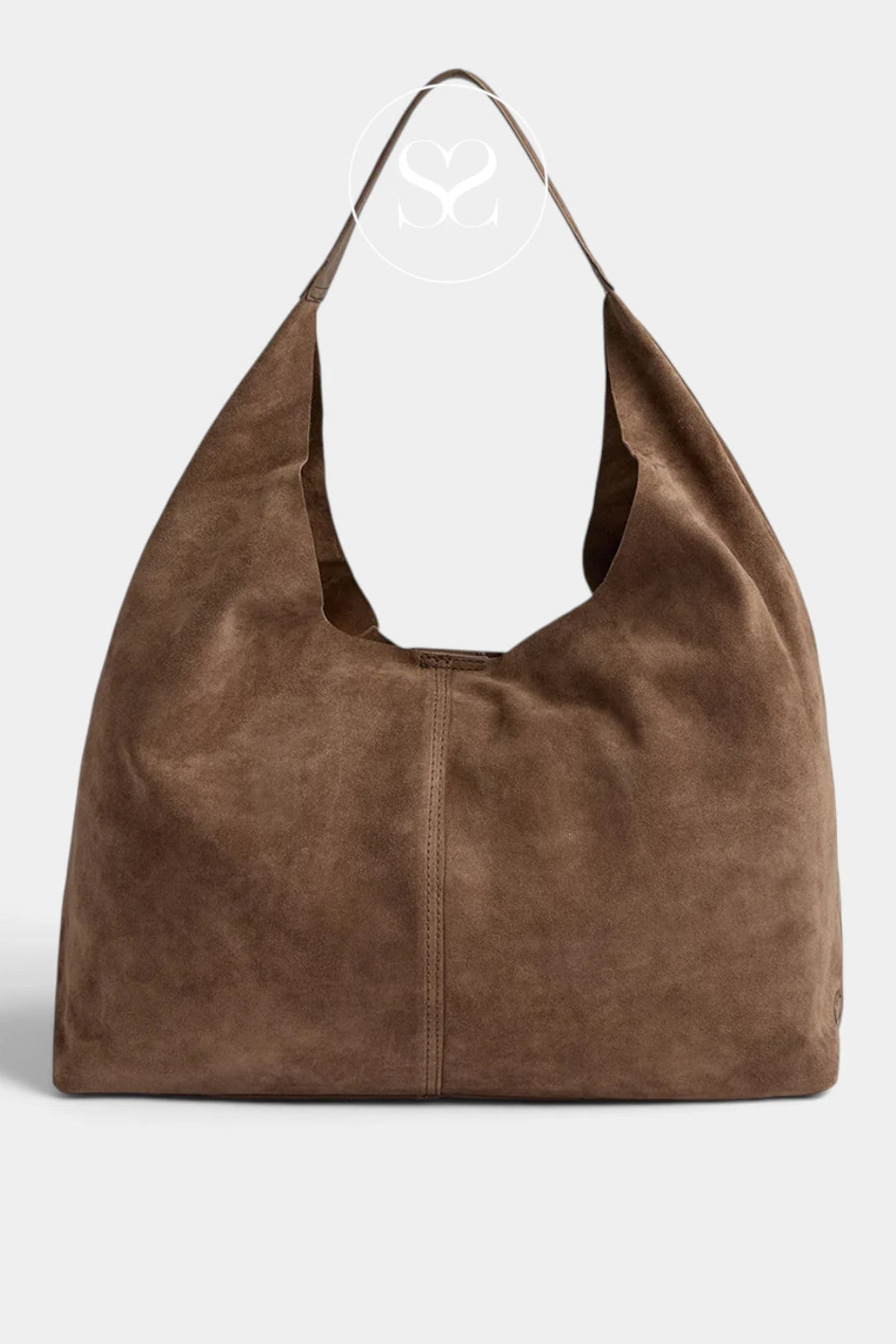 A brown suede hobo shoulder bag with a wide, slouchy silhouette and a single strap, shown against a light gray background.