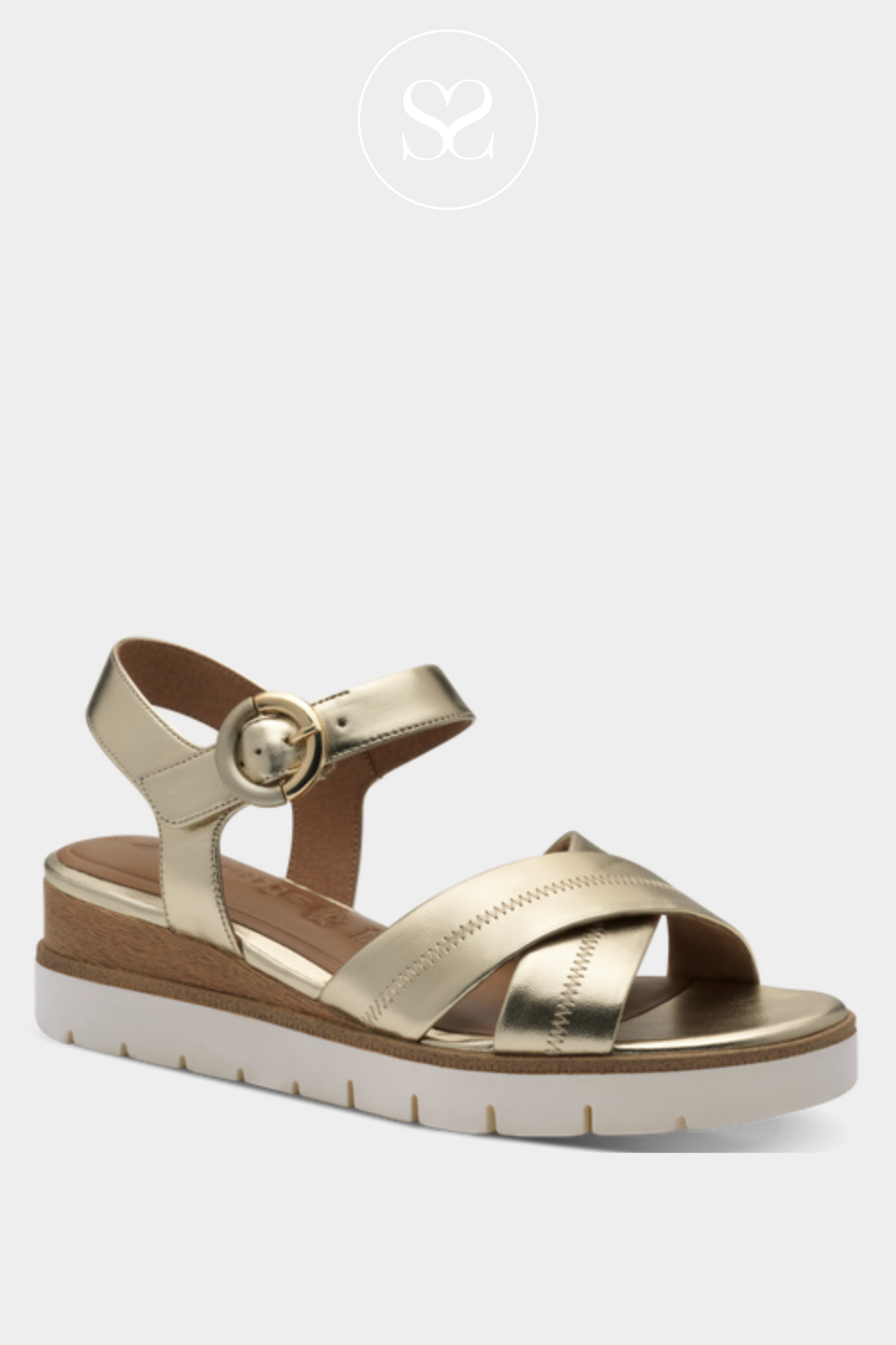 TAMARIS 1-28202-42 LIGHT GOLD LEATHER CRISS-CROSS STRAP WEDGE SANDALS