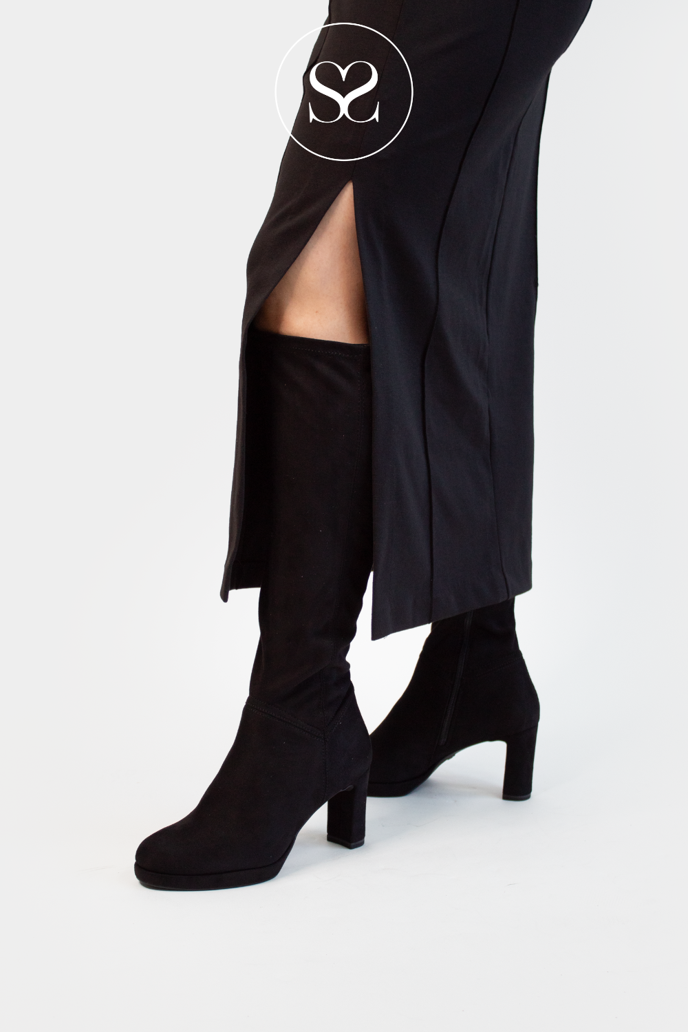 TAMARIS 1-25519-43 BLACK SUEDE BLOCK HEEL KNEE HIGH BOOTS