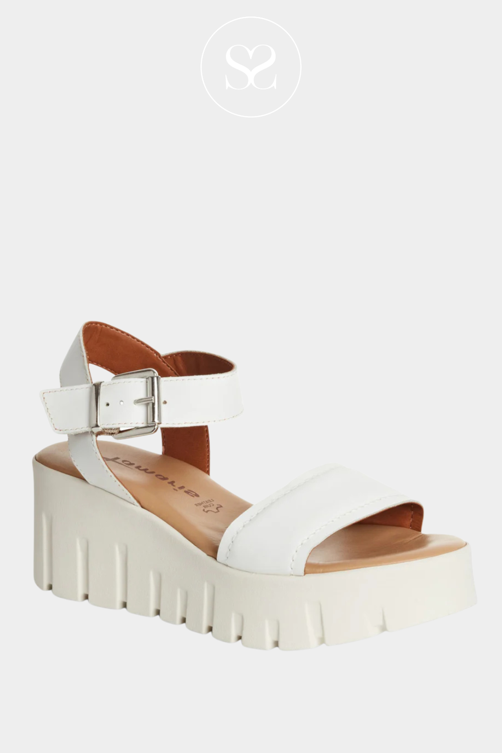 TAMARIS 1-28712-42 WHITE LEATHER ANKLE STRAP WEDGE SANDALS