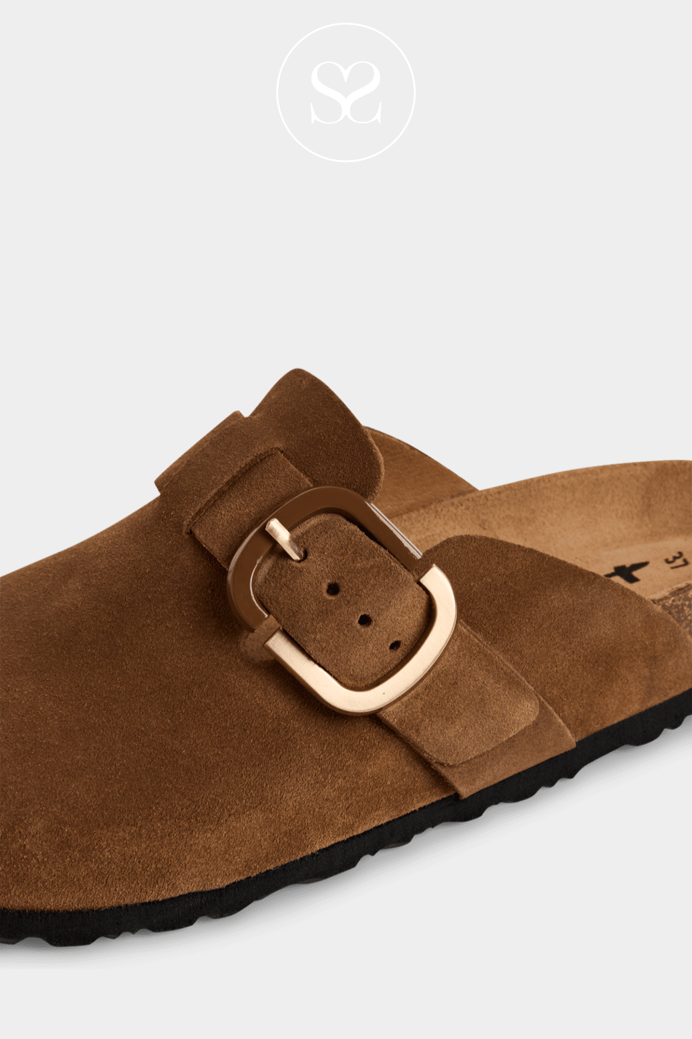 TAMARIS 1-27600-44 TAN SUEDE CLOSED TOE MULE STYLE SLIDER WITH BUCKLE DETAIL