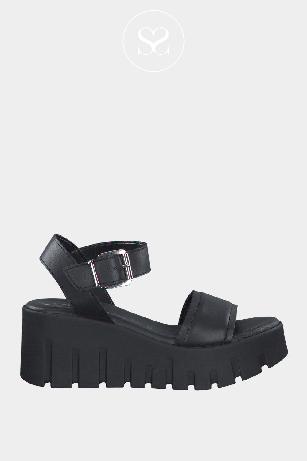 TAMARIS 1-28712-42 BLACK WEDGE PLATFORM SANDALS WITH TRACKER SOLE AND THICK STRAP WITH ADJUSTABLE ANKLE STRAP