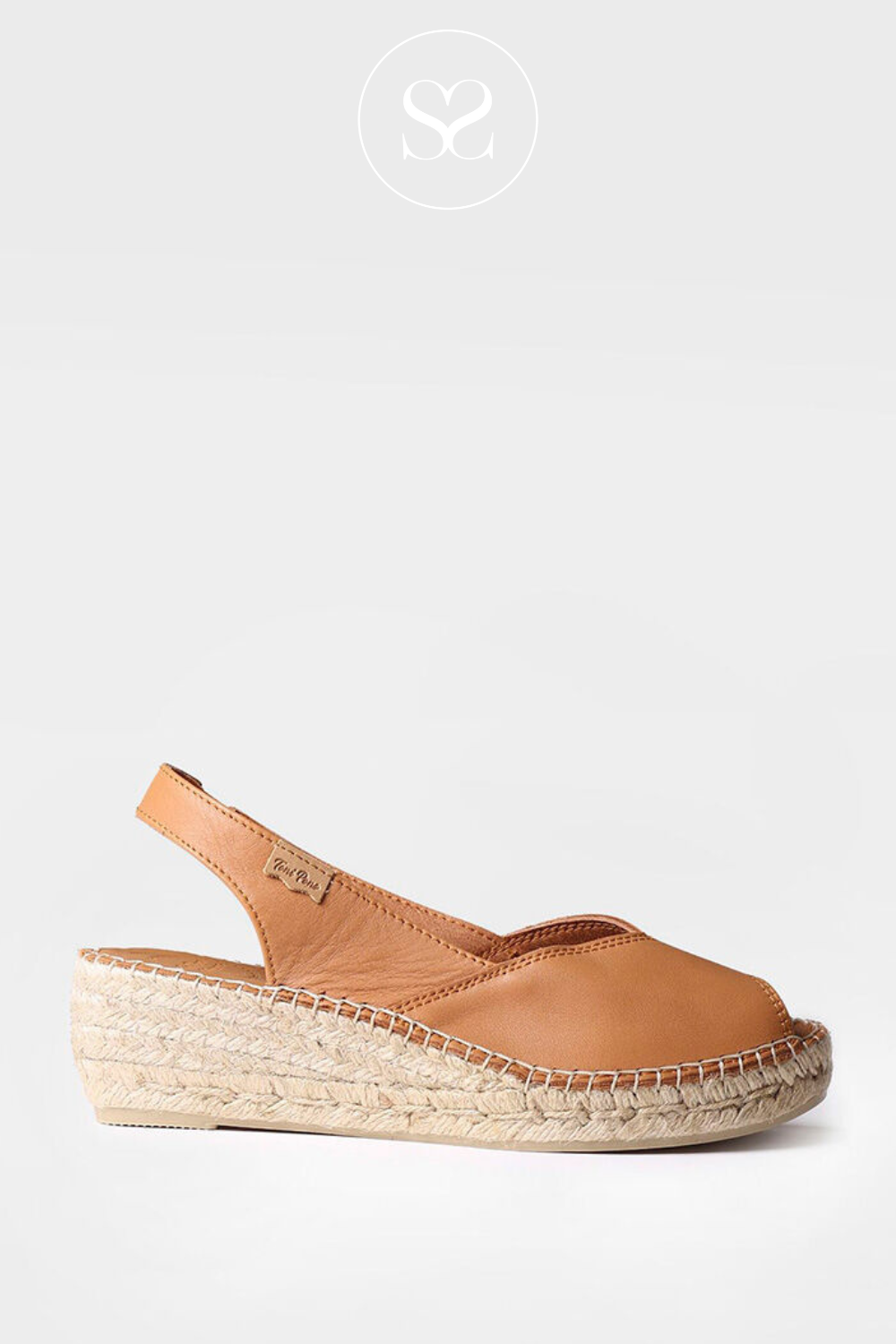 TONI PONS BERNIA TAN LEATHER LOW WEDGE SUMMER ESPADRILLE SANDALS WITH PEEP TOE AND ELASTICATED SLINGBACK
