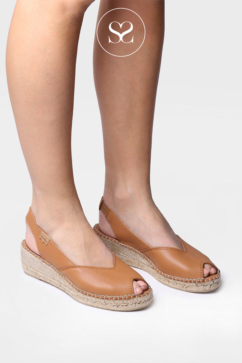 TONI PONS BERNIA TAN LEATHER PEEP TOE  SLINGBACK SANDALS WITH LOW WEDGE ESPADRILLE SOLE