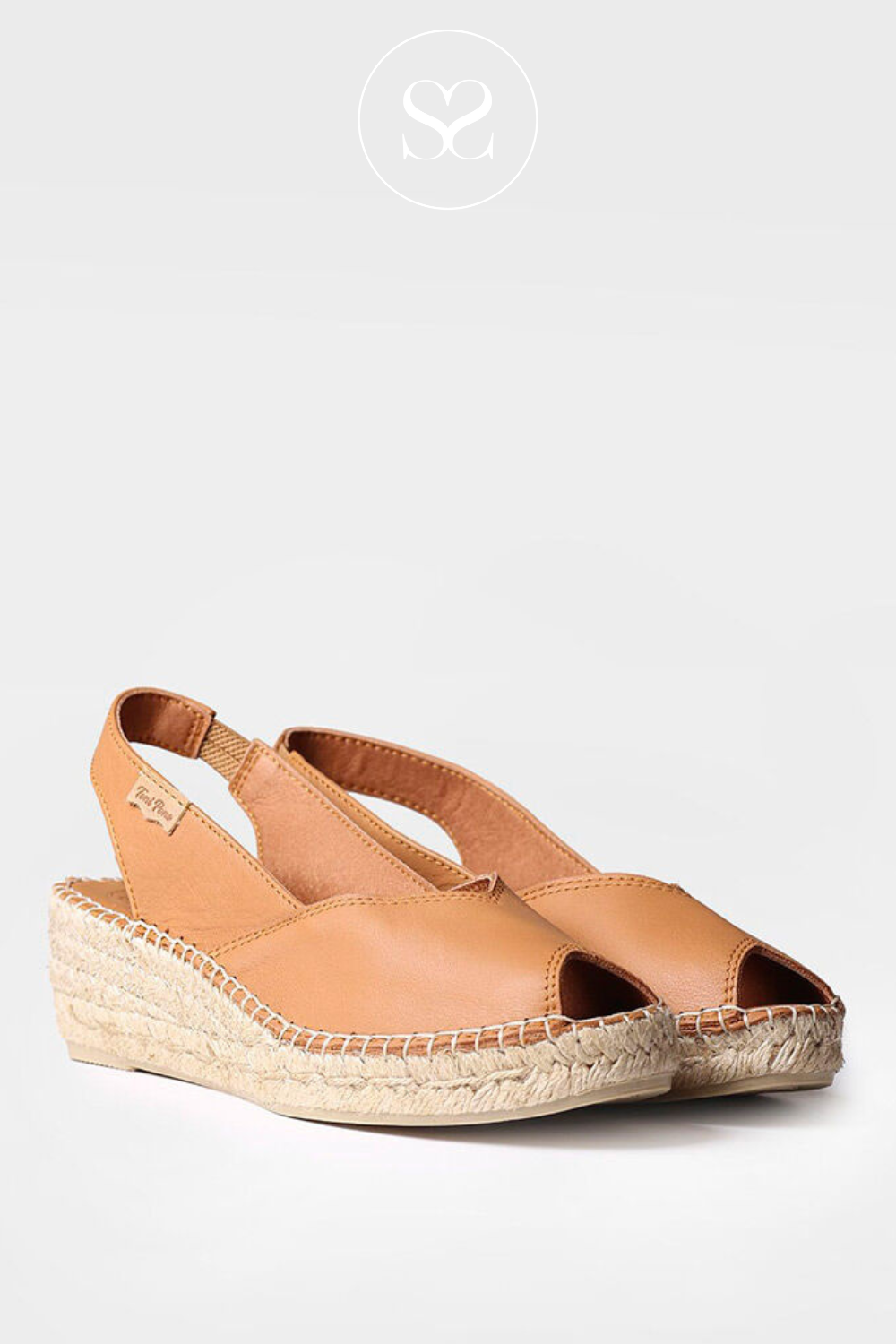TONI PONS BERNIA TAN LEATHER PEEP TOE  SLINGBACK SANDALS WITH LOW WEDGE ESPADRILLE SOLE