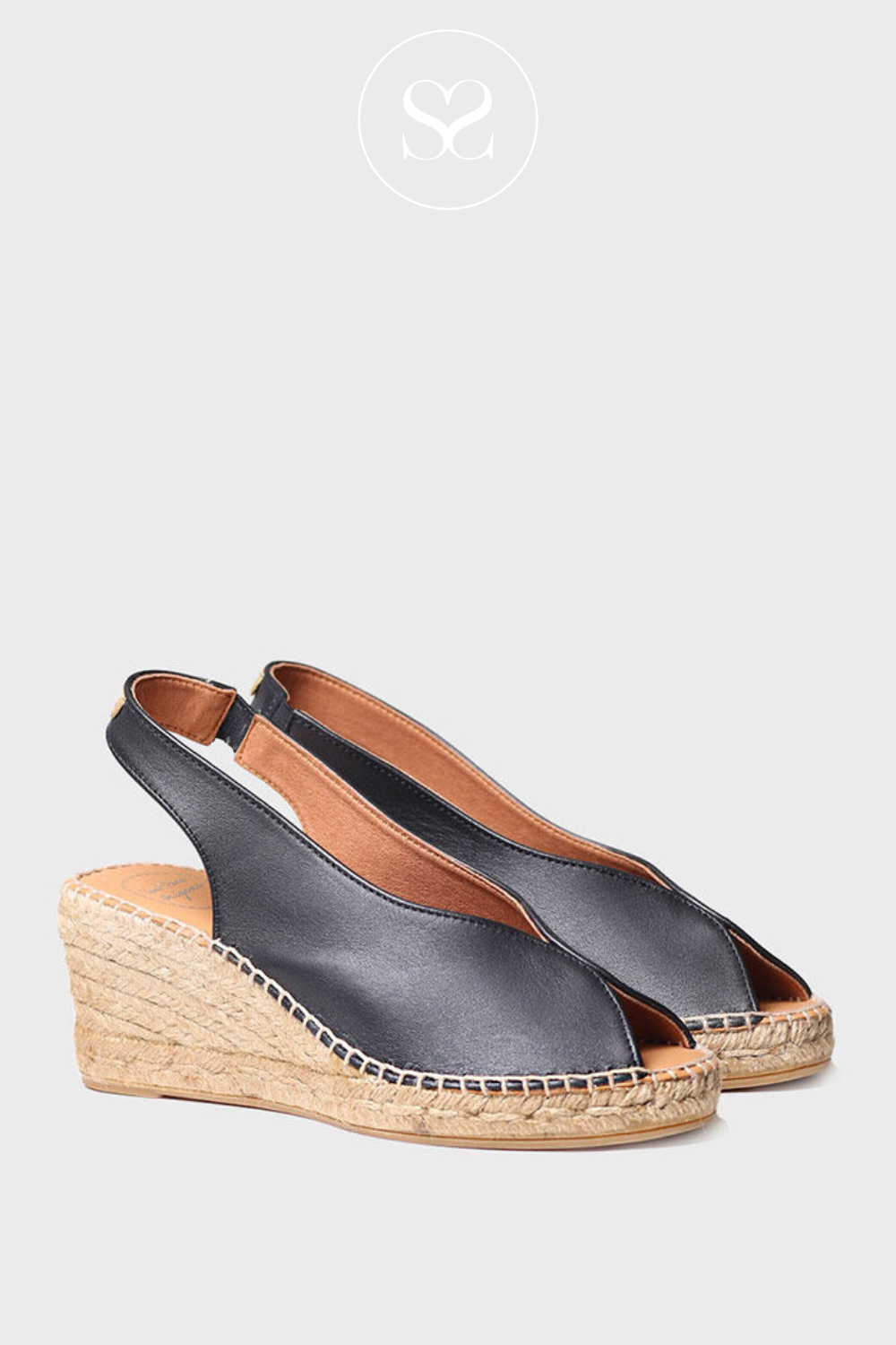 TONI PONS LAILA BLACK LEATHER ESPADRILLE SOLE HIGH WEDGE SANDALS WITH PEEP TOE AND ELASTICATED SLINGBACK STRAP
