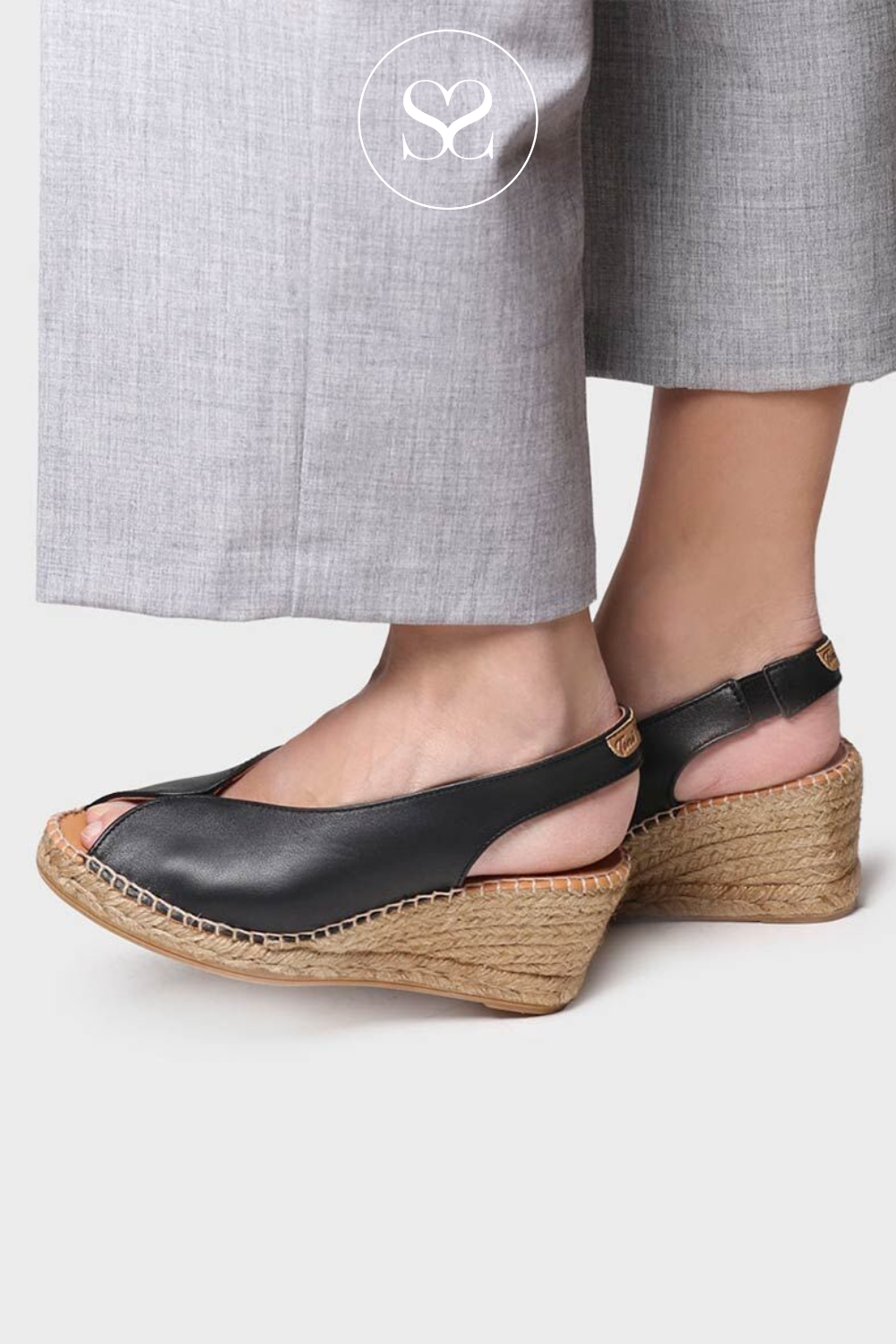 TONI PONS LAILA BLACK LEATHER WEDGE ELASTICATED SLINGBACK PEEPTOE  V-CUT ESPADRILLE SANDALS