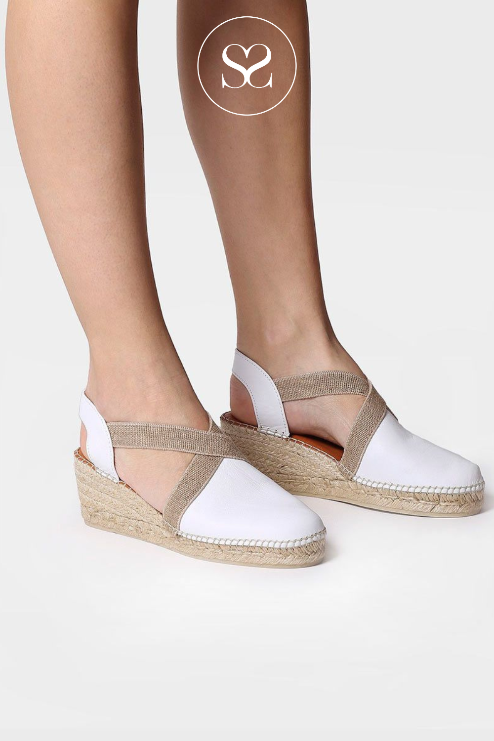 TONI PONS WHITE LEATHER WEDGE SANDALS WITH ESPADRILLE SOLE, CRISS CROSS ELASTICATED STRAPS AND CLOSED TOE