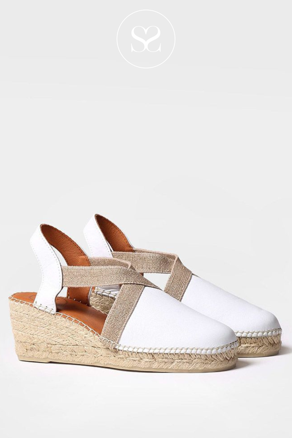 TONI PONS WHITE LEATHER WEDGE SANDALS WITH ESPADRILLE SOLE, CRISS CROSS ELASTICATED STRAPS AND CLOSED TOE